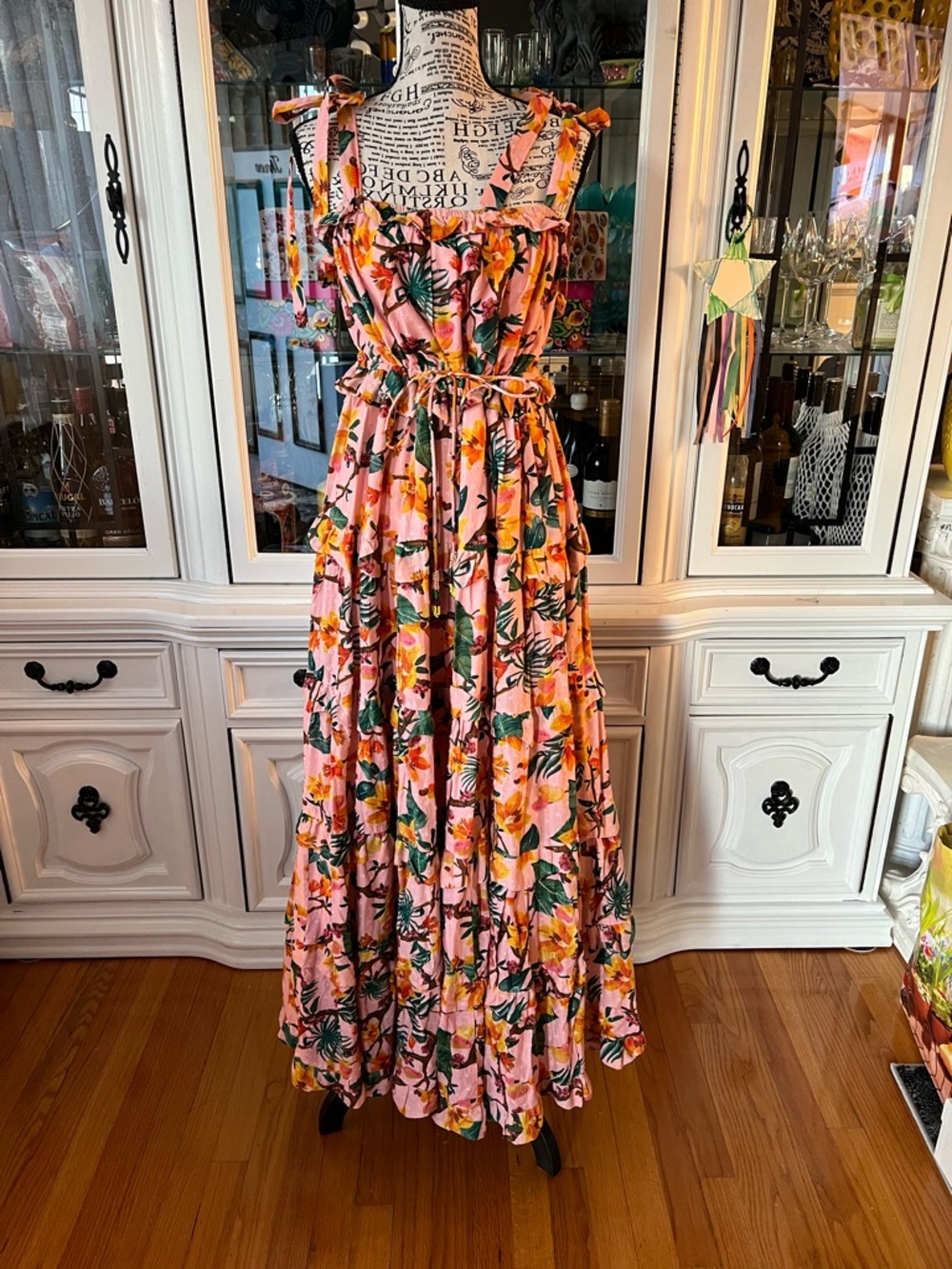 FARM Rio Pink Tropical Floral Tie-Shoulder Tiered Maxi Dress L - Picture 3 of 16